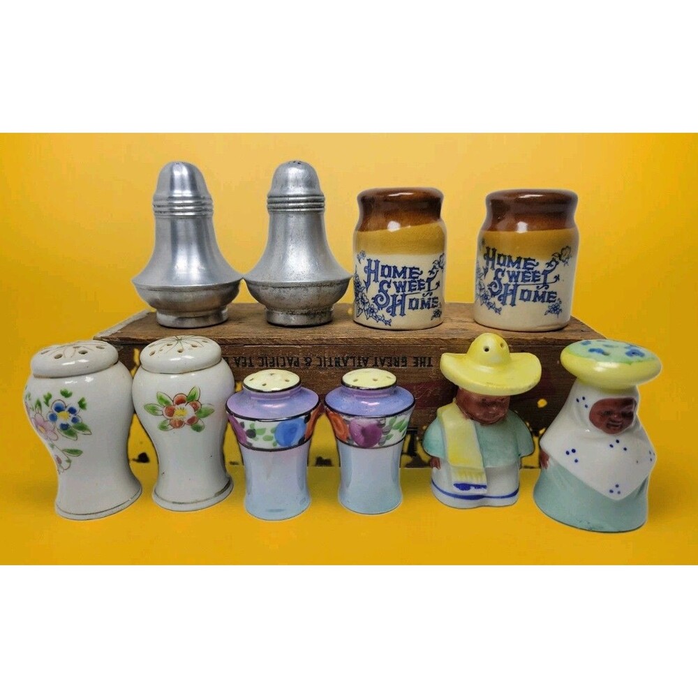 Vtg MCM Salt & Pepper Shakers Lot Lusterware, Japan, Stoneware, Aluminum Atomic